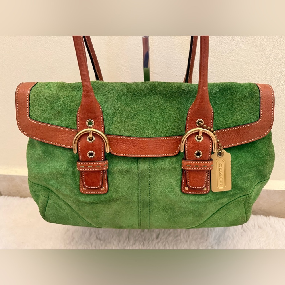 Coach Hampton Flap Satchel- Green Suede Shoulder Bag with Brown Leather Straps - Picture 2 of 14